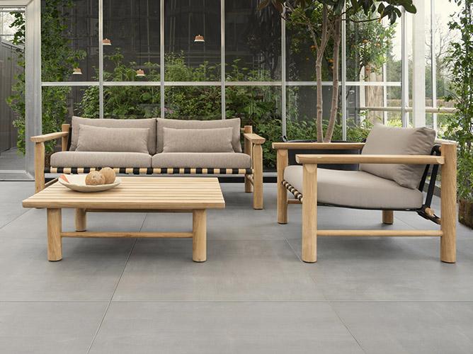 HIDDE outdoor couch, armchair, coffee table and outdoor concrete rock tiles by Douglas & Jones