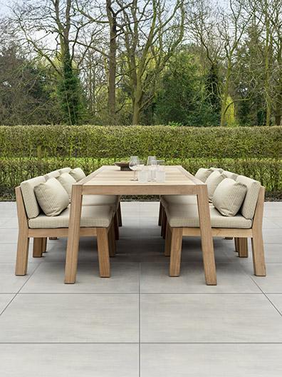 NIEK outdoor armchair, ANNE outdoor dining table  and outdoor concrete smoke tiles by Douglas & Jones