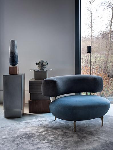 ELLA armchair, KYO console and TRIBE floorlamp by Maretti Lighting